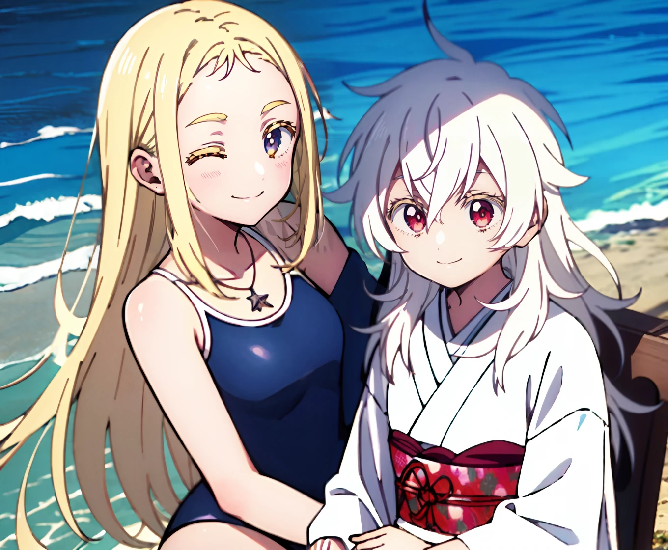 (2girls:1.3) ,sitting,beach,happy,peace sign,
BREAK
<lora:ushioKofune_v2:1>blonde hair, kofune ushio, uswimsuit, shell necklace,smile,closed eyes,
BREAK
<lora:haine-hiruko32-000013:0.8>haine,white kimono,shadow,smile,