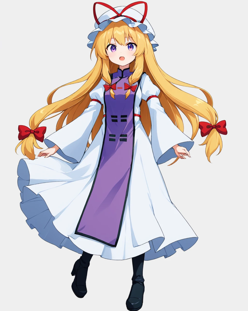 yakumo yukari,tabard, 2girls, mob_cap, wide_sleeves, red_bow, hat_ribbon, green_skirt, white_background, open_mouth, white_dress, red_ribbon, hair_bow, white_headwear, black_footwear, simple_background, solo_focus, juliet_sleeves, high_heel_boots, standing
<lora:yakumo_yukari_image6089_2023-12-20-000007:1>,star-shaped_pupils,symbol-shaped_pupils,. gorgeous,key visual, vibrant, studio anime,award-winning, professional, highly detailed,high budget, cinemascope