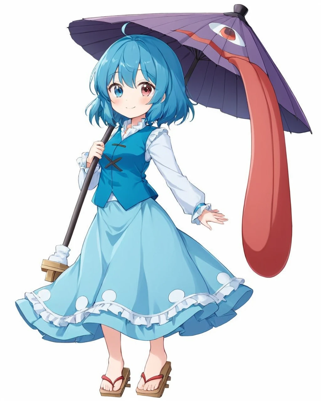 tatara kogasa,1girl, heterochromia, geta, solo, white_background, blue_skirt, purple_umbrella, long_sleeves, simple_background, blue_vest, full_body, white_shirt, smile, karakasa_obake, closed_mouth, looking_at_viewer, standing, holding_umbrella, arm_behind_back, breasts, frills, blush
<lora:tatara_kogasa_image6022_2023-12-20-000007:1>,star-shaped_pupils,symbol-shaped_pupils,. gorgeous,key visual, vibrant, studio anime,award-winning, professional, highly detailed,high budget, cinemascope