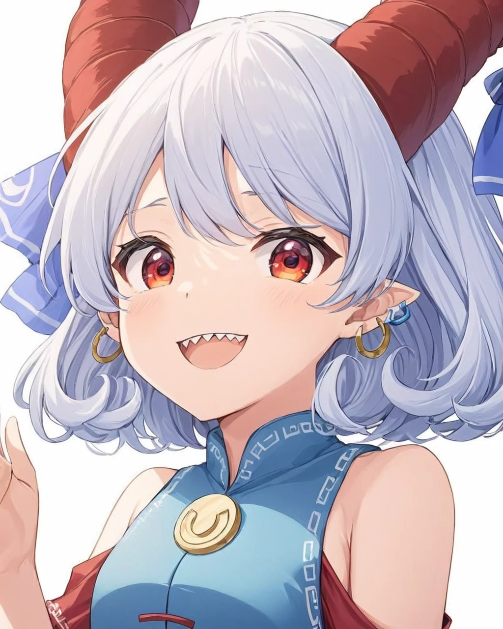 toutetsu yuuma,1girl, solo, earrings, blue_dress, simple_background, red_sleeves, white_background, red_horns, sharp_teeth, detached_sleeves, horn_ribbon, bare_shoulders, looking_at_viewer, horizontal_pupils, upper_body, sheep_horns, smile, open_mouth
<lora:toutetsu_yuuma_image1106_2023-12-20-000014:1>,star-shaped_pupils,symbol-shaped_pupils,. gorgeous,key visual, vibrant, studio anime,award-winning, professional, highly detailed,high budget, cinemascope