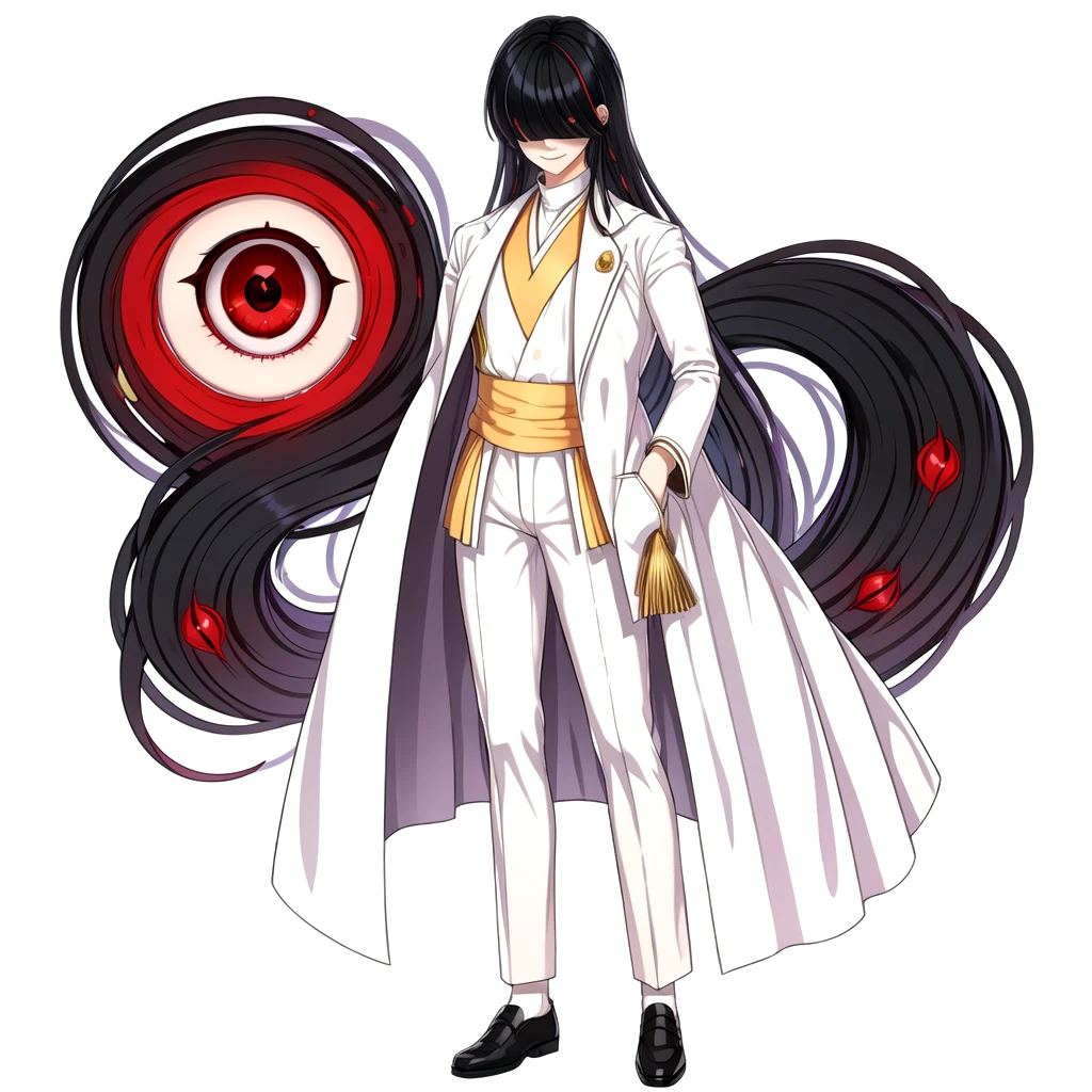 full-body shot, (red eye, magic hair, red eye on hair:1.3), long hair, (masterpiece:1.2, best quality) <lora:RObagot-000009:0.85> 1boy, black hair, bangs covering eyes, white outfit, wide smile, happy, park background, white pants, white dress shoes