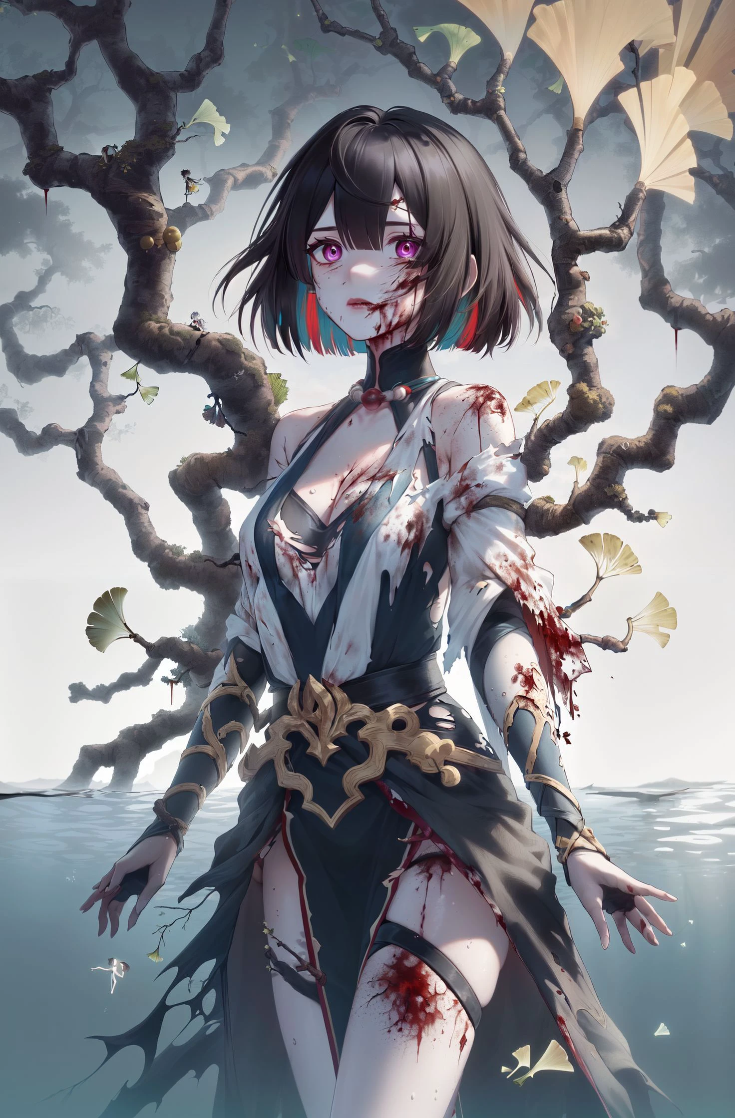 8k, best quality, masterpiece, (ultra-detailed:1.1), (high detailed skin), solo, solo focus, horror (theme), (full body:1.1), 
<lora:gg1:1.1:lbw=MIDD>, (torn clothes,blood on body, blood on face, pale skin, painful face,A girl is struggling in pain:1.3), 1 girl, looking at viewer, This picture depicts a surrealistic image of a woman blending with natural elements. woman floating at the bottom of the sea, (Deep water, water, underwater:1.4), (her hair gradually turning into branches and twigs of a tree:1.2), (her body and hair gradually turning into branches and twigs of a tree:1.4), ( ginkgo leaves, ginkgo trees, ginkgo trees fused together with doll girls:1.3), 
<lora:xueyi-yz-v100:0.7:lbw=OUTALL>, xueyi, 1girl, short hair, black hair, multicolored hair, jewelry, colored inner hair, thighhighs, multicolored eyes, red hair, white thighhighs, (Doll girl, doll joint, doll girl, Ginkgo branches:1.2), 
death following me, 
------, 
Low saturation, grand masterpiece, Perfect composition, film light, light art