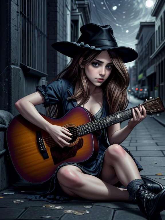 [ Elizabeth Gillies|Lyndsy Fonseca] , homeless busker, sitting in a dark alley playing guitar, hat on the ground with a few dollars in it, dollar bills, coins, ((Night, ambient soft moonlight)),
