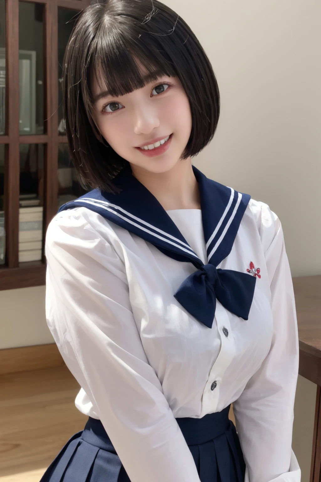 <lora:HinanoV01:1>, 1girl, short hair, bob cut, bangs, small breasts, smile, light blush, best quality, masterpiece, illustration, realistic, photo-realistic, amazing, finely detail, incredibly absurdres, huge filesize, ultra-detailed, highres, extremely detailed CG unity 8k wallpaper, upper body,head tilt, sailor_shirt,pleated_skirt,bowtie, hair behind ear,
