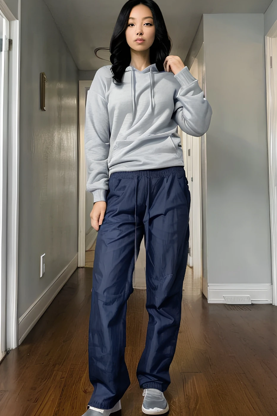 full body photo of asian woman posing, wearing navy blue wndpnts and (plain gray hoodie:1.2), interior, apartment ,<lora:wndpnts:0.9>
