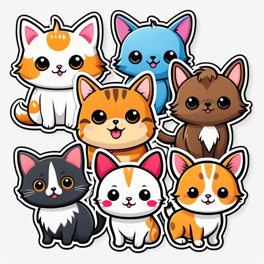 sticker cartoon cute pets, white background, style kawaii, vectorized, 45 degrees view