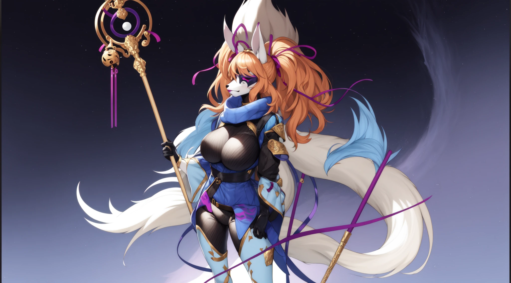 ketsukaneceroba, hair ribbon, furry, solo, 1girl, staff, armor, yin yang, very long hair, holding staff, lipstick, covered eyes, gloves, purple lips, belt, helmet, makeup, bodysuit, fox mask, standing, twintails, large breasts