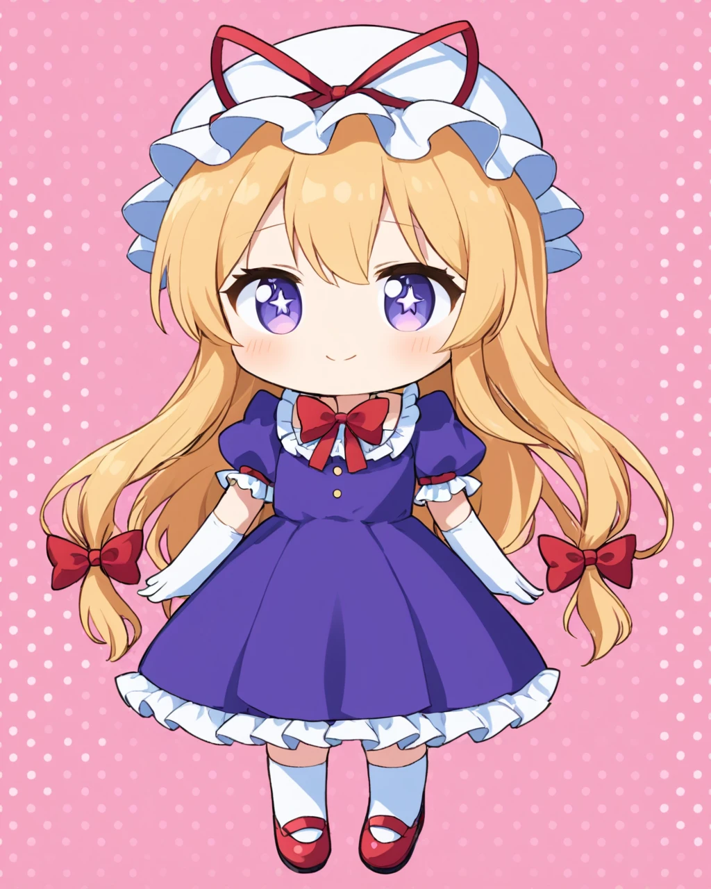 yakumo yukari,1girl, purple_dress, chibi, elbow_gloves, smile, white_gloves, mob_cap, solo, :>, full_body, hair_bow, blush, red_ribbon, polka_dot_background, hat_ribbon, white_headwear, red_bow, purple_footwear, looking_at_viewer, white_background, puffy_short_sleeves, closed_mouth, frills
<lora:yakumo_yukari_image6089_2023-12-20-000007:1>,star-shaped_pupils,symbol-shaped_pupils,. gorgeous,key visual, vibrant, studio anime,award-winning, professional, highly detailed,high budget, cinemascope