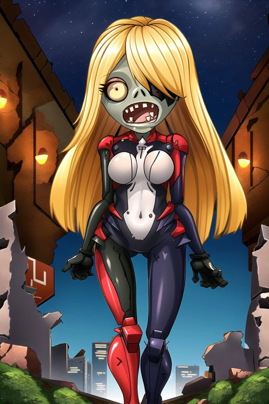 <lora:zobv0.5-000004:0.75> <lora:shirli_x_nemesis_lora:0.85> masterpiece, best quality, absurdres, high quality, best quality, ultra high res, 1girl, solo, nemesis, blonde hair, eyepatch, hair over one eye, one eye covered, long hair, cyborg, mechanical arms, mechanical legs, bodysuit, red bodysuit, white bodysuit, multicolored bodysuit, gloves, standing, full body, looking at viewer, depth of field, outdoors, night, street, buildings, (ruins:1.2), p vs.z\(Zob\), open mouth, fangs, sharp focus, green skin, colored skin, dynamic pose, walking, zombie pose, arms extended forward,