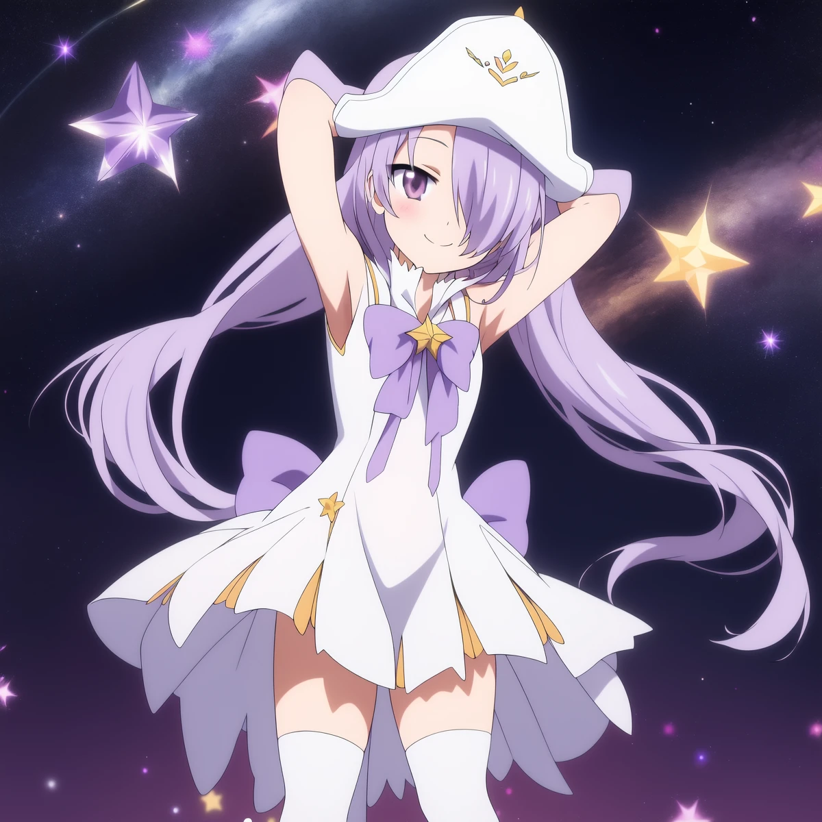 <lora:Nanako_Pleiades:0.9>,nanako, 1girl, solo, hat, purple hair, hair over one eye, purple eyes, dress, full body, magical girl, socks, looking at viewer, purple ribbon, smile, armpits, arms up, purple bow, white headwear, holding, sleeveless, kneehighs, white socks, staff, white dress, ribbon, arms behind head, blush,ãmilky way galaxy,
masterpiece, high quality, very_high_resolution, large_filesize, full color,