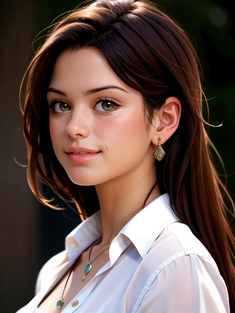 Realistic photo of a beautiful rh0n4m woman, 1girl,solo,long hair,looking at viewer,smile,brown hair,shirt,black hair,brown eyes,jewelry,white shirt,upper body,earrings,lips,head tilt,realistic,nose, soft lighting, professional Photography, Photorealistic, detailed, RAW, analog, sharp focus, 8k, HD, high quality, masterpiece<lora:rh0n4m:1.0>