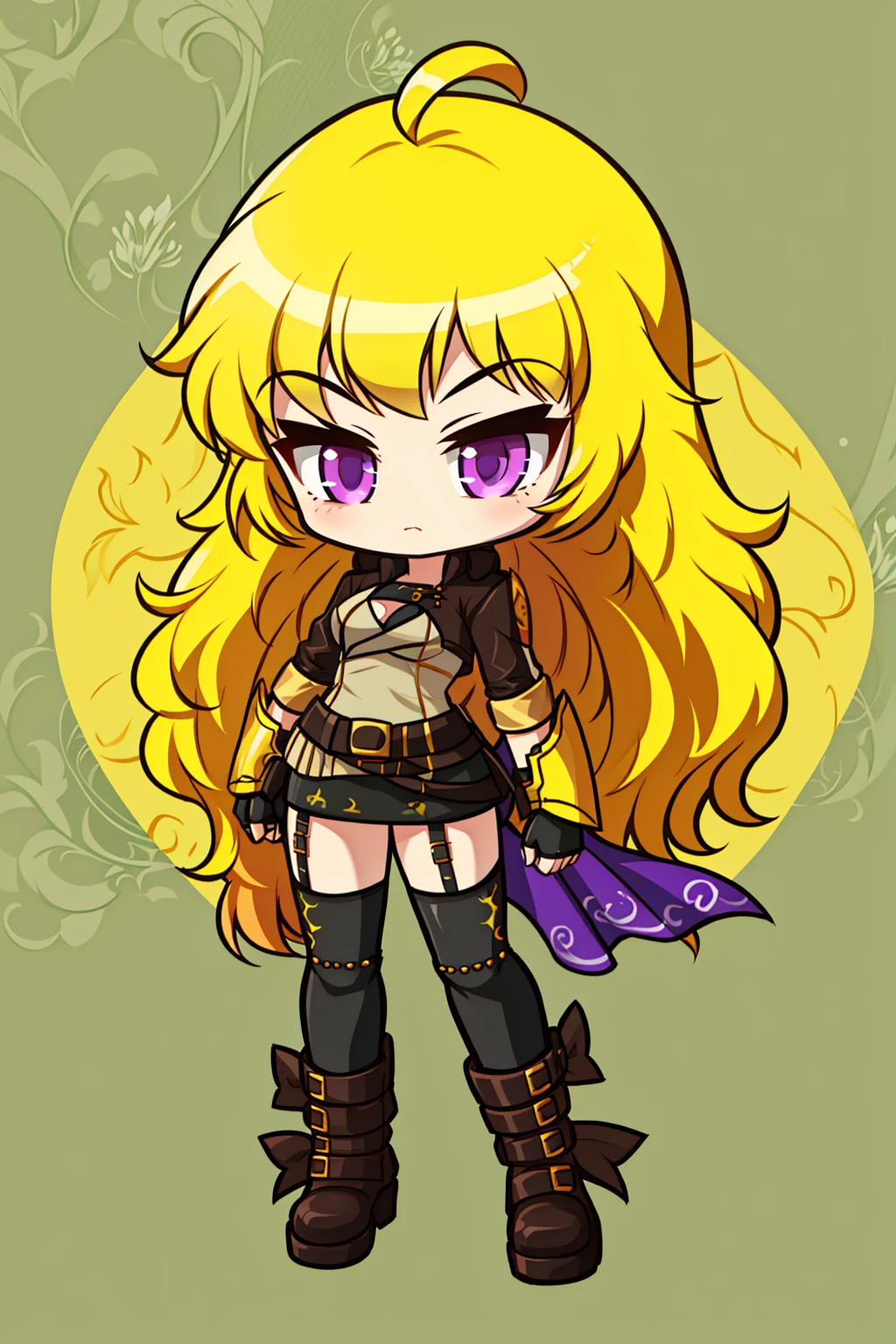 (1girl),yang xiao long, absurdly long hair,ahoge, purple eyes,medium breasts, <lora:YangHunter-05:1>, (yanghntr), (jacket), bows,thighhighs, garter straps, belt, boots, black skirt, forest, ember celica \(rwby\), gauntlets, full body, <lora:maplestory20:0.8>, ((chibi)), cute pose