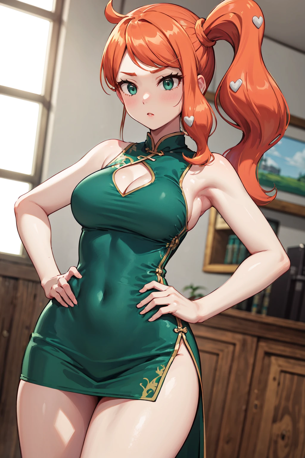 masterpiece,best quality,highres,ultra-detailed,aasonia,eyelashes,long hair,side ponytail,heart hair ornament,<lora:sonia_(pokemon):0.8>,bare shoulders,china dress,chinese clothes,short dress,cleavage cutout,sideboob,thighs,hands_on_hips,(furrowed_brow:1.2),indoors,front view,from_below,