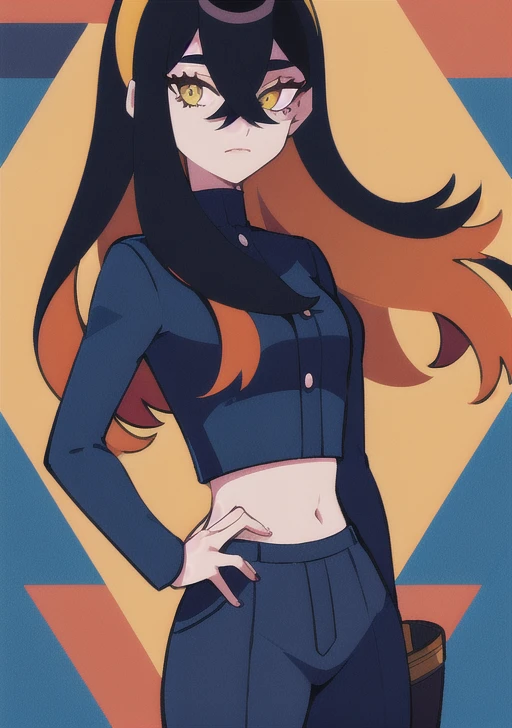 <lora:carmine:0.7>, carmine, 1girl, solo, long hair, looking at viewer, bangs, black hair, long sleeves, hair between eyes, yellow eyes, red hair, multicolored hair, hairband, sky, midriff, pants, cloud, orange hair, mole, two-tone hair, crop top, hand on hip, mole under eye, colored inner hair