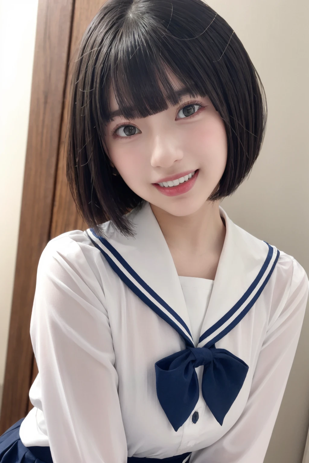 <lora:HinanoV01:1>, 1girl, short hair, bob cut, bangs, small breasts, smile, light blush, best quality, masterpiece, illustration, realistic, photo-realistic, amazing, finely detail, incredibly absurdres, huge filesize, ultra-detailed, highres, extremely detailed CG unity 8k wallpaper, upper body,head tilt, sailor_shirt,pleated_skirt,bowtie, hair behind ear,