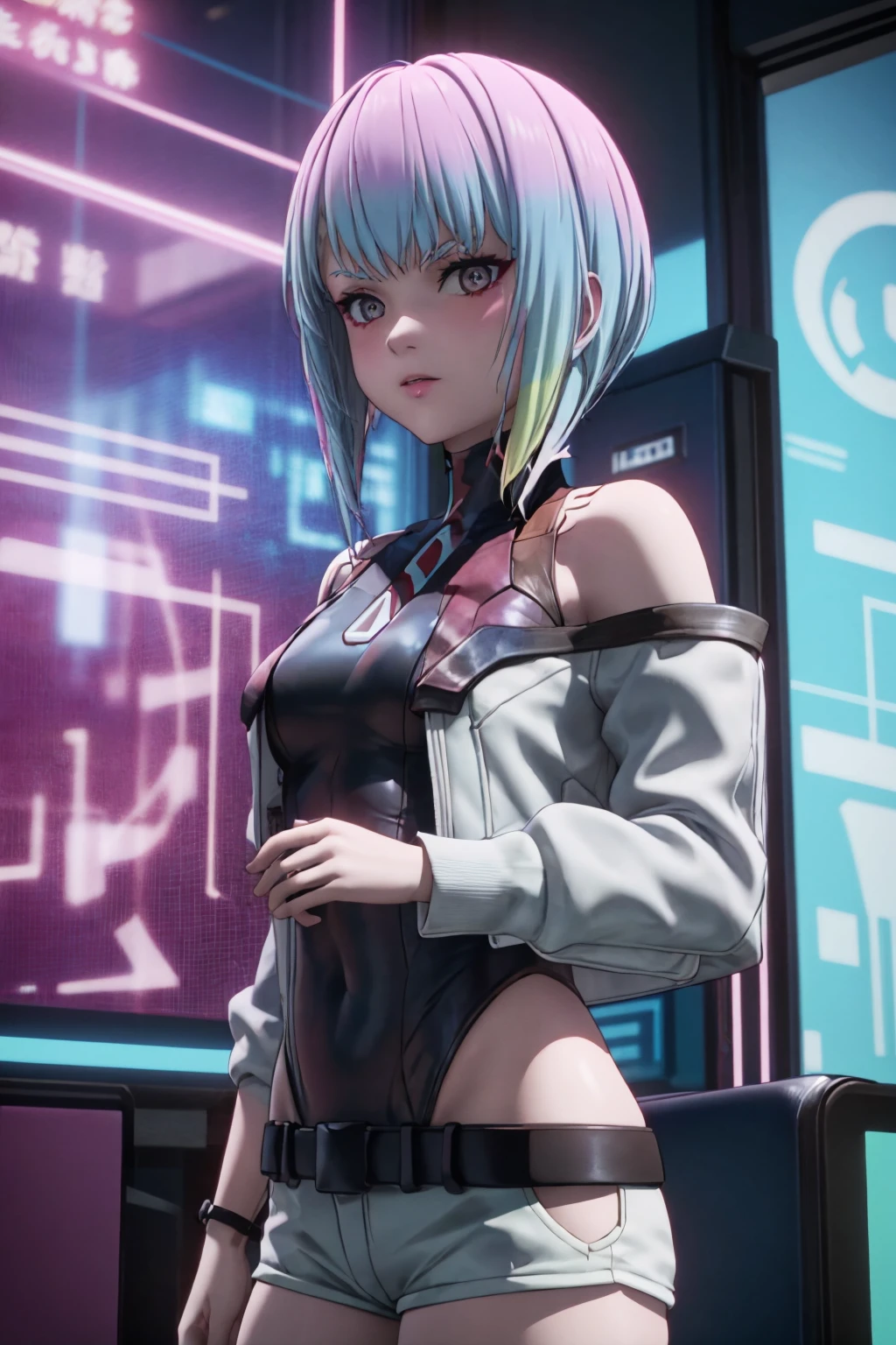 (detailed face), (good hand), <lora:more_details:0.5> <lora:ghost_sac_2045_style04:1> <lora:lucy_(cyberpunk)_v10:0.7> lu1, cyborg, multicolored hair, makeup, lu1, cyborg, multicolored hair, makeup, bare shoulders, black leotard, highleg leotard, (thong:1.1), white jacket, open jacket, belt, shorts, indoors, night, science fiction, cyberpunk, neon lights, window, future, upper body, hologram, looking at viewer,, 1girl, (masterpiece:1.3), high quality, highres, absurdres, finely detailed, high detailed, solo