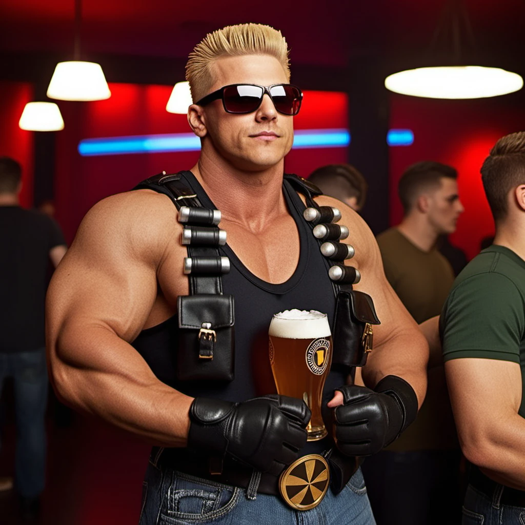 DukeNukem1024, a muscular blond man with sunglasses, drink a beer in a stripclub, highly detailed, photography, ultra sharp, film, professional, 64k <lora:add-detail-xl:1.5> <lora:DukeNukem1024:0.8>