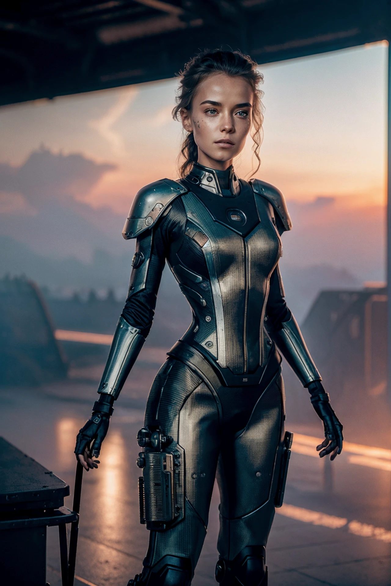 a young woman, postapocalypse, cyborgdiffusion, (retrofuturism), steampunk, silky skin, ((full body height)), (skin texture:1.2), (high detailed skin:1.3), ambient smoke, haze, (photorealism), (hyperrealism), cinematic, grain of old film, 8k uhd, dslr, hdr, retro color <lora:Ekaterina_Kovalchuk_640x960:0.85>