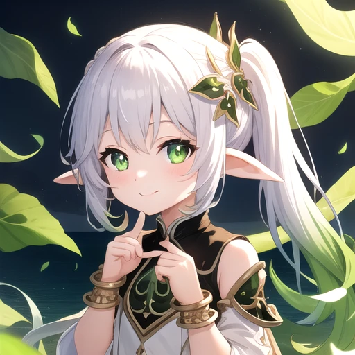 ((masterpiece)),(best quality),official art,extremely detailed CG,unity 8k wallpaper,ultra detailed,A lighthouse on a cliff by the sea,1girl,solo,upper body,(portrait:1.2),looking at viewer,green_eyes,side_ponytail,pointy_ears,white_dress,white_hair,leaf_hair_ornament,symbol-shaped_pupils,jewelry,toeless_legwear,multicolored_hair,long_hair,gradient_hair,bracelet,bangs,green_hair,stirrup_legwear,smile,green_cape,toeless_footwear,female_child,detached_sleeves,green_sleeves,sleeveless_dress,white_footwear,<lora:Nahida(gen)>,