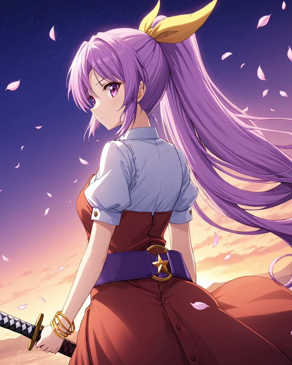 watatsuki no yorihime,1girl, solo, ponytail, bracelet, hair_bow, katana, looking_back, belt, petals, hair_ribbon, from_behind, wind, dress
<lora:watatsuki_no_yorihime_image737_2023-12-20:1>,star-shaped_pupils,symbol-shaped_pupils,. gorgeous,key visual, vibrant, studio anime,award-winning, professional, highly detailed,high budget, cinemascope