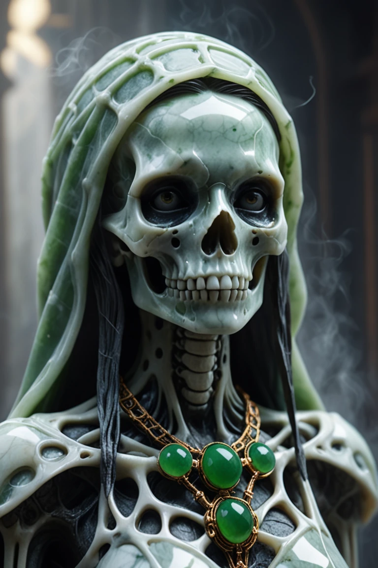 ultra detailed marble and jade sculpture of a female necromancer, skeleton face, volumetric fog, Hyperrealism, breathtaking, ultra realistic, ultra detailed, cyber background, cinematic lighting, highly detailed, breathtaking, photography, stunning environment, wide-angle