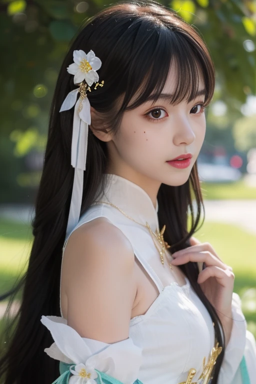 ltra-detailed,highly detailed,best quality,masterpiece,illustration,realistic,photorealistic,
suwen, 1girl, solo, cosplay, mole,
hanfu,chinese clothes, necklace, bare shoulders, detached sleeves, long sleeves, detached collar,
hair ornament, hair ribbon, hair flower, jewelry,
long hair, brown hair, bangs,
looking at viewer,upper body,
photo background,river,
<lora:suwen_06:0.6>