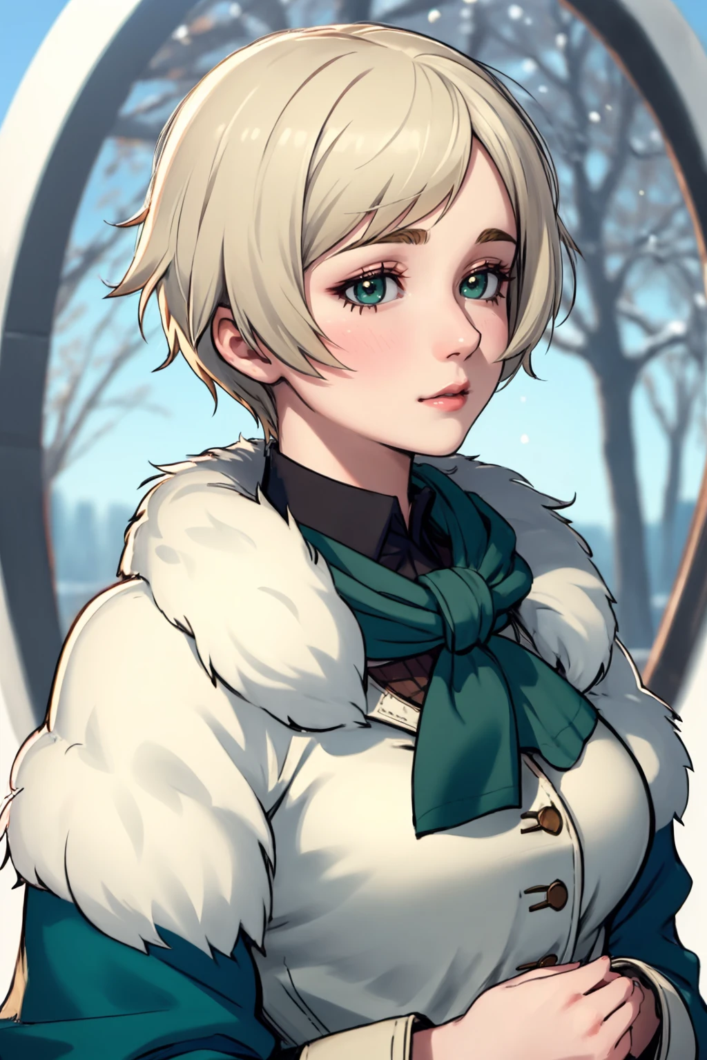 ultra detailed, sharp focus, best quality, masterpiece, <lora:NSUkraineHetalia:1> NSUkraineHetalia, short hair, 1girl, green scarf, winter, fur coat, pale skin, masterpiece, intricate details,