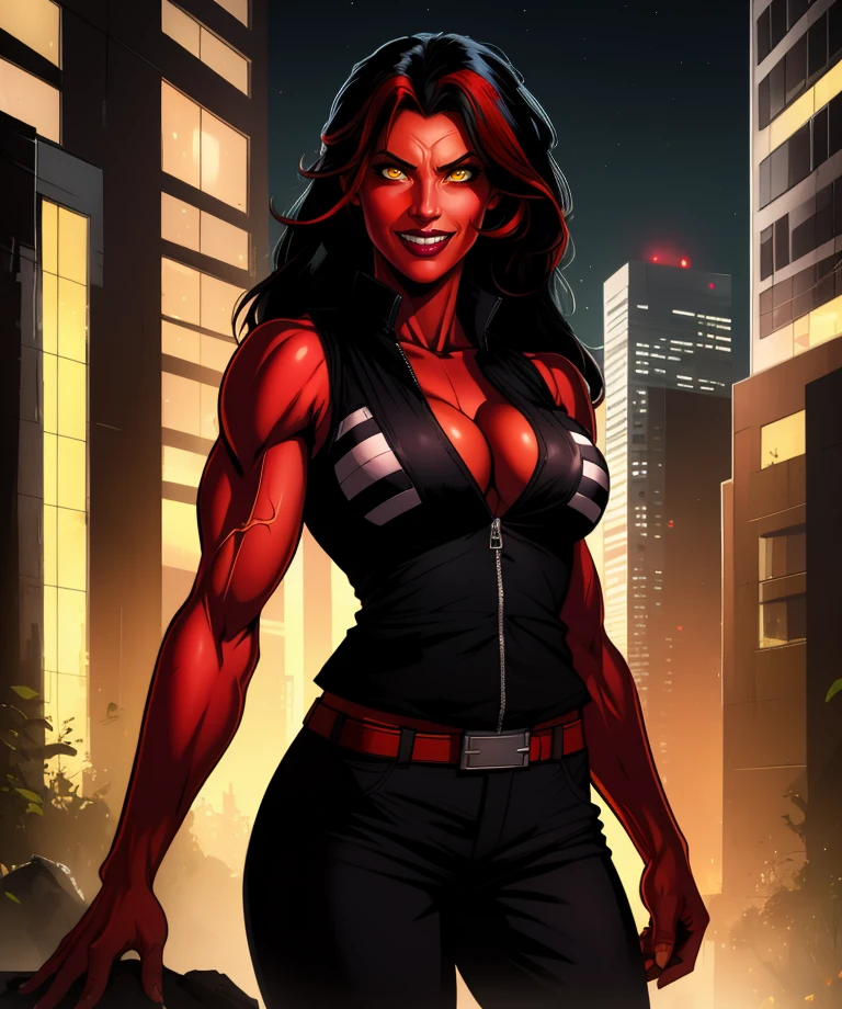 RedSheHulk,yellow eyes,red skin,black hair,muscular,cleavage,
bare shoulders,black vest,pants,smile,vertical stripes,
standing,upper body,
cityscape,night,
(insanely detailed, beautiful detailed face,beautiful detailed eyes, masterpiece, best quality),<lora:BettyRH:0.8>,