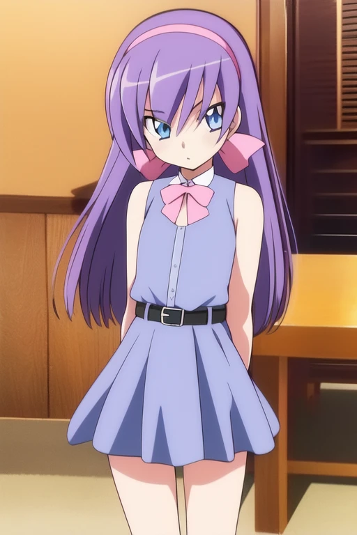 <lora:Lou_Roux:1>, Lou Roux, 1girl, solo, dress, blue eyes, arms behind back, hairband, long hair, bow, belt, cowboy Shot, standing, bowtie, pink dress, barefoot, purple hair, sleeveless, blue hair, looking at viewer, ribbon, sleeveless dress, bangs,
town,
masterpiece, high quality, very_high_resolution, large_filesize, full color,