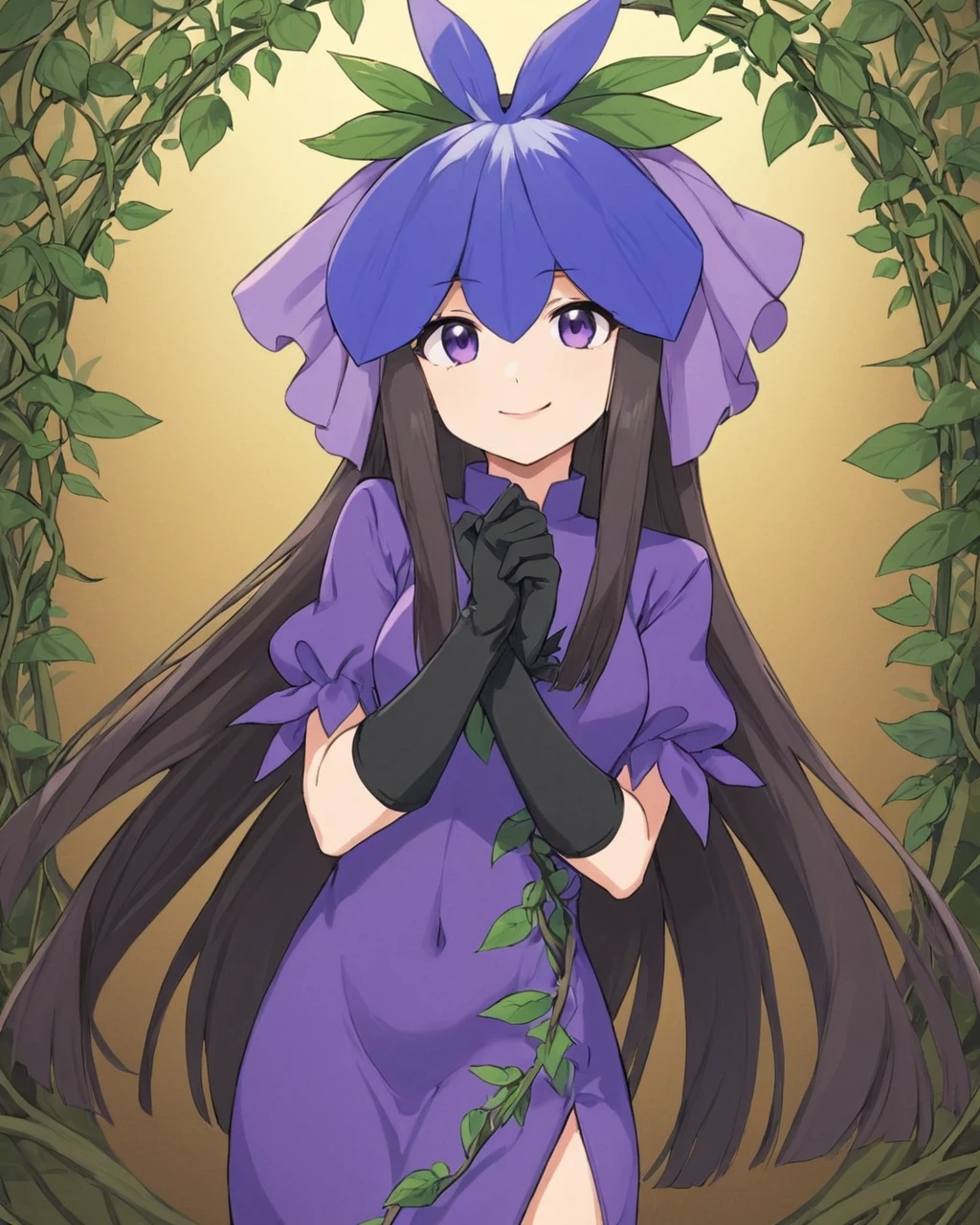 yomotsu hisami,1girl, solo, purple_dress, vines, black_gloves, lipstick, smile, elbow_gloves, short_sleeves, digimon_\(creature\), hand_on_own_cheek, thorns
<lora:yomotsu_hisami_image362_2023-12-20:1>,star-shaped_pupils,symbol-shaped_pupils,. gorgeous,key visual, vibrant, studio anime,award-winning, professional, highly detailed,high budget, cinemascope