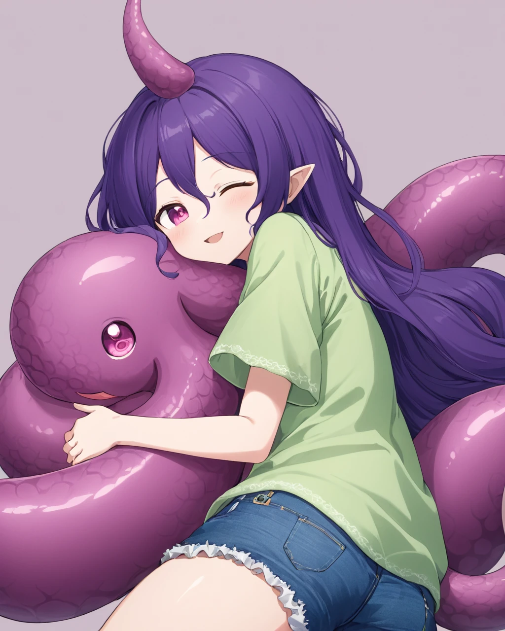 tenkajin chiyari,1girl, solo, tentacles, green_shirt, horns, sleeping, drooling, on_side, tail, open_mouth, smile, saliva, short_sleeves, denim_shorts, simple_background, hug, object_hug
<lora:tenkajin_chiyari_image270_2023-12-20-000030:1>,star-shaped_pupils,symbol-shaped_pupils,. gorgeous,key visual, vibrant, studio anime,award-winning, professional, highly detailed,high budget, cinemascope