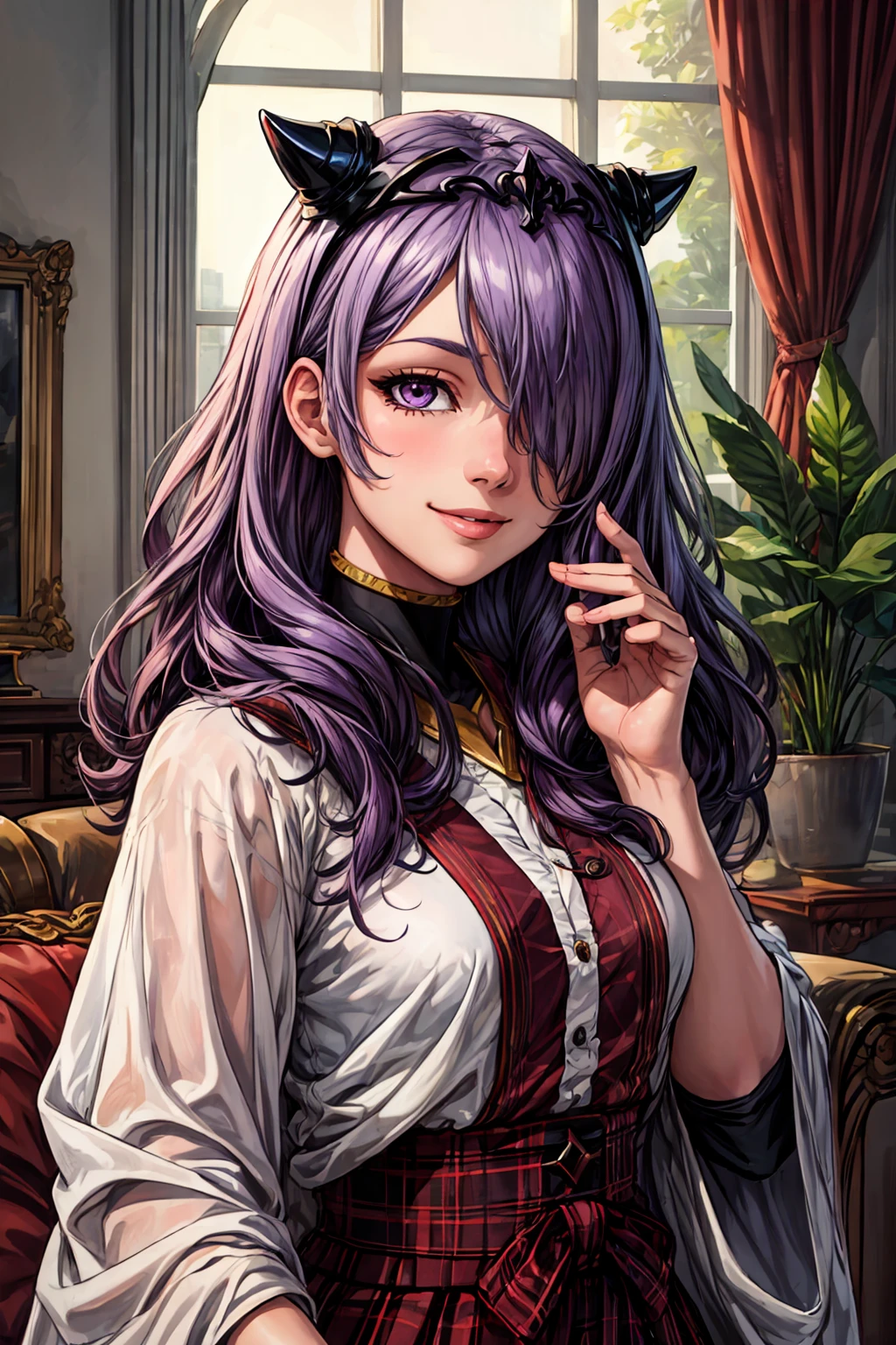 (masterpiece, best quality, hires, high quality, by professional artist, ultra detailed, extremely detailed, absurdres, incredibly resolution:1.2),
BREAK
1girl, EPfeCamilla, upper body, smile, hair_over_one_eye, black tiara, (purple_hair:1.2),
BREAK
poncho, plaid_skirt, living room, plant , <lora:EPfeCamilla:0.7>