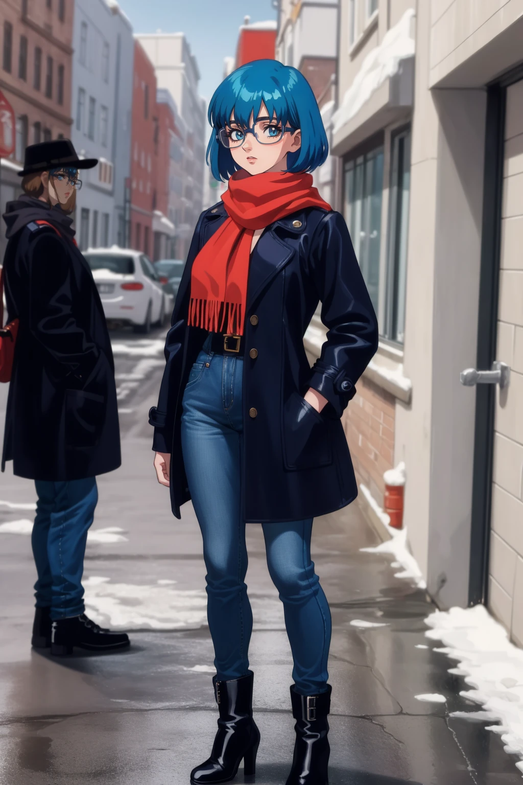 (masterpiece, best quality, high quality, highres, ultra-detailed), <lora:SachieMurataV2:1>, 2000s \(style\), retro artstyle,
sachiemurata, 1girl, solo, glasses, blue hair, short hair, blue eyes, looking at viewer,
boots, jeans, black coat, scarf,
full body, standing, outdoors, street, christmas, window,