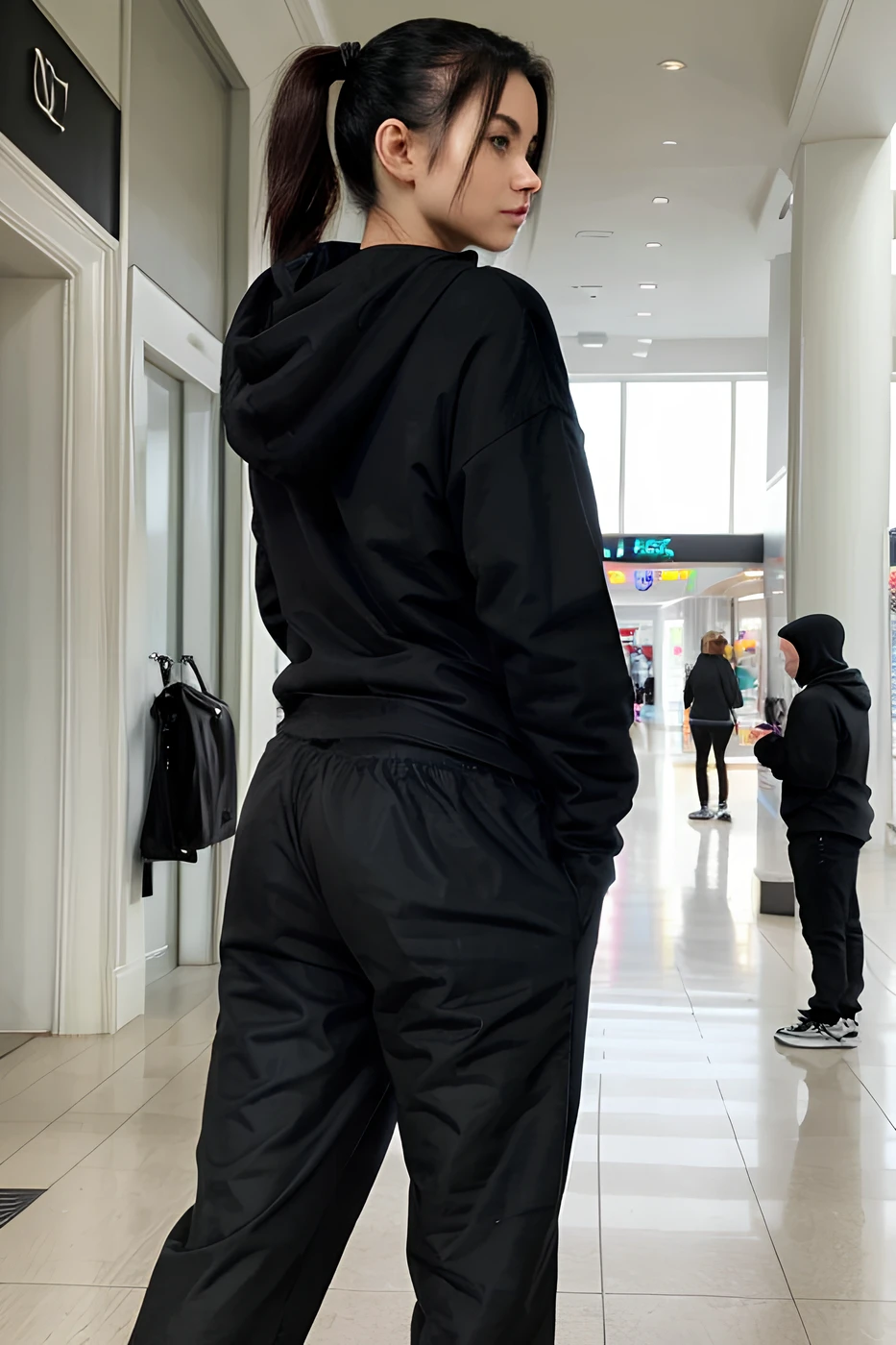 full body photo of woman standing, waiting, wearing black wndpnts and (plain black hoodie:1.2), inside, mall, hands in pockets,<lora:wndpnts:0.7>, ponytail, bokeh, depth of field, candid, bored, crowd