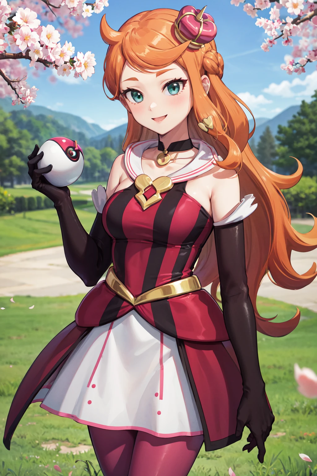 masterpiece,best quality,highres,ultra-detailed,ccsonia,eyelashes,mini crown,long hair,hair down,heart hair ornament,black choker,pendant choker,dress,pink dress,elbow gloves,black gloves,skirt,pantyhose,red pantyhose,high heels,<lora:sonia_(pokemon):0.8>,outdoors,cherry blossoms,standing,cowboy shot,smile,holding_poke_ball,