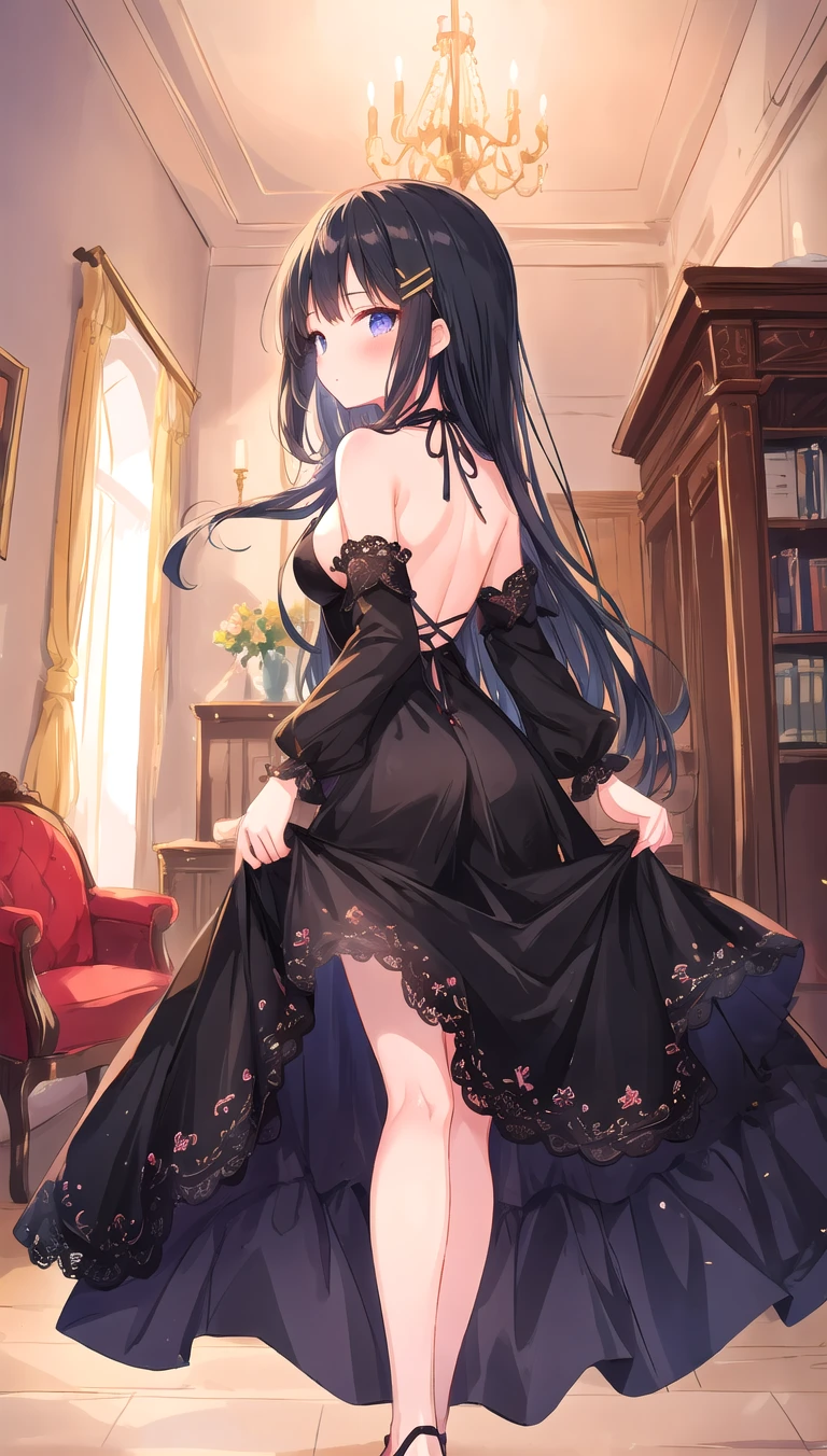 cute girl, black dress, back, lace castle, indoor, long hair