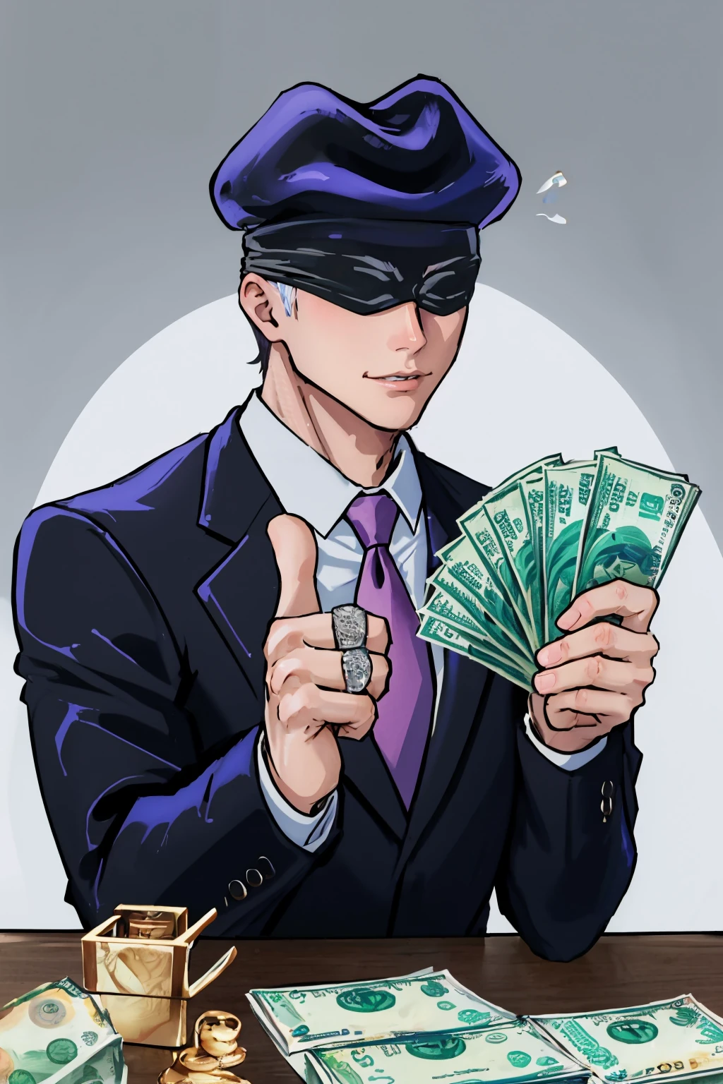(masterpiece, best quality:1.2), <lora:gangstersb:.85>, gangstersb, 1boy, solo, looking at viewer, upper body, money, holding, holding money, thumbs up, hat, suit, jewelry, necktie, <lora:jjk_gojo:0.85> satoru gojo, blindfold, black jacket