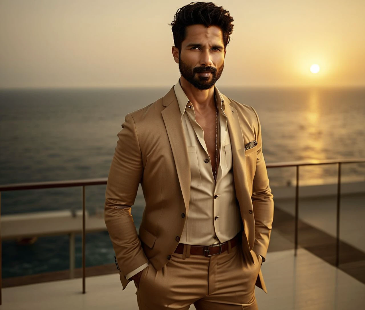 Nautical-themed (Photo:1.3) of (Ultrarealistic:1.3) <lora:Man_Men_FFashion:1> shahid kapoor a man <lora:shahid-kapoor:1> in a tan suit standing on a balcony, sun behind him, inspired by Pablo Munoz Gomez, shot at golden hour, editorial photograph, midshot of a hunky, by Roman Bezpalkiv, by Artur Tarnowski, maxim sukharev, by Gabor Szikszai,Highly Detailed,(Mono Color:1.3) . Sea, ocean, ships, maritime, beach, marine life, highly detailed