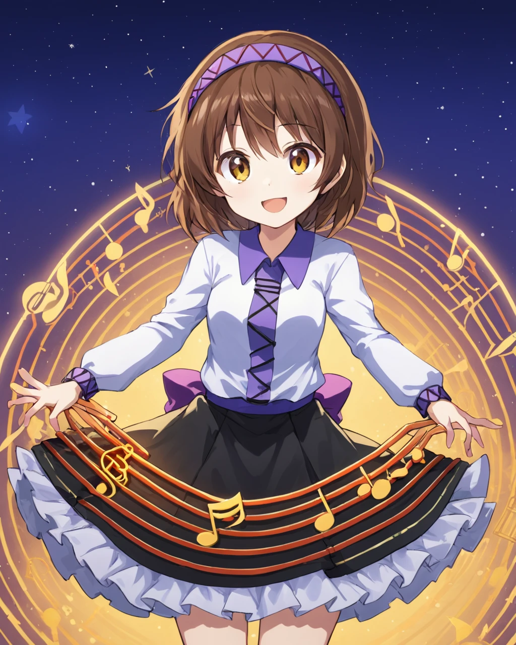 tsukumo yatsuhashi,1girl, solo, open_mouth, hairband, skirt, fang, smile, shirt, long_sleeves, instrument, looking_at_viewer, eighth_note
<lora:tsukumo_yatsuhashi_image372_2023-12-20-000025:1>,star-shaped_pupils,symbol-shaped_pupils,. gorgeous,key visual, vibrant, studio anime,award-winning, professional, highly detailed,high budget, cinemascope