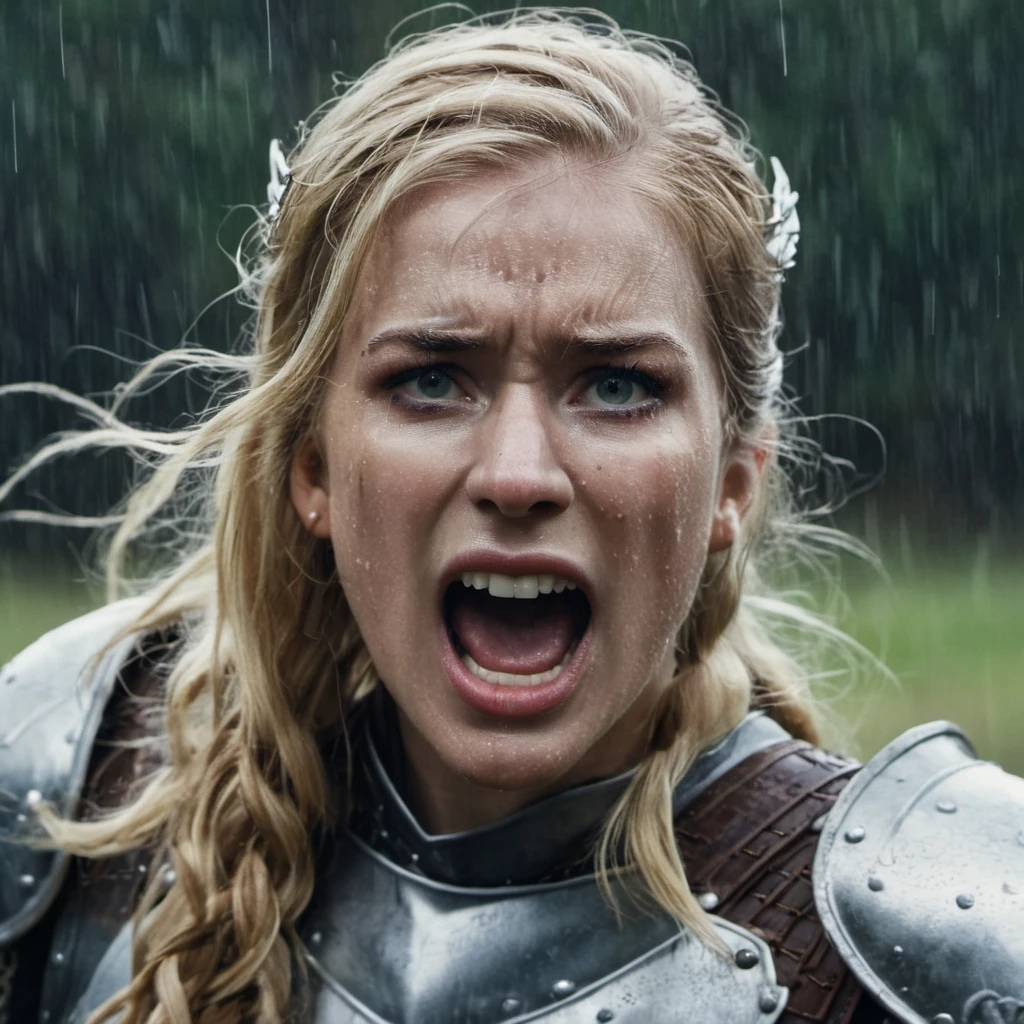 Portrait portrait of a blonde medieval warrior queen  angrily shouting in a battle in the rain, skin texture visible, highest quality,Nikon P1000, 135mm, f 2.8, looking directly at the camera, cinematic grain, cinelike,   angelic,   <lora:elilail_xl_1_standard-000053:1.2>