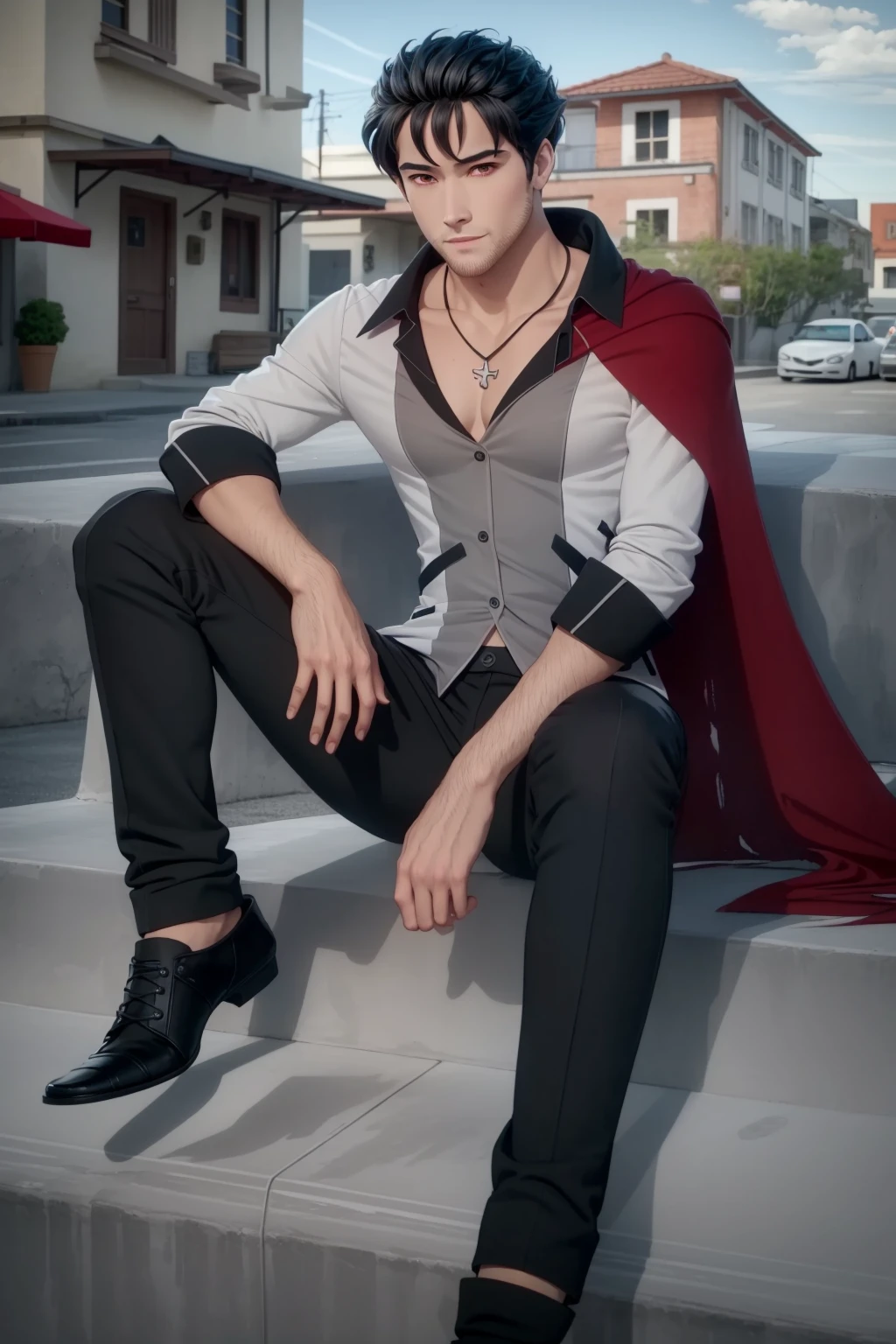 masterpiece,best quality,extremely detailed,(solo), mature male, <lora:RWBYQrow-05:1>,strqrow,(qrow branwen), red eyes, black hair,cape, open shirt, pectorals, pants, stubble, full body, outdoors, shoes, sitting, socks