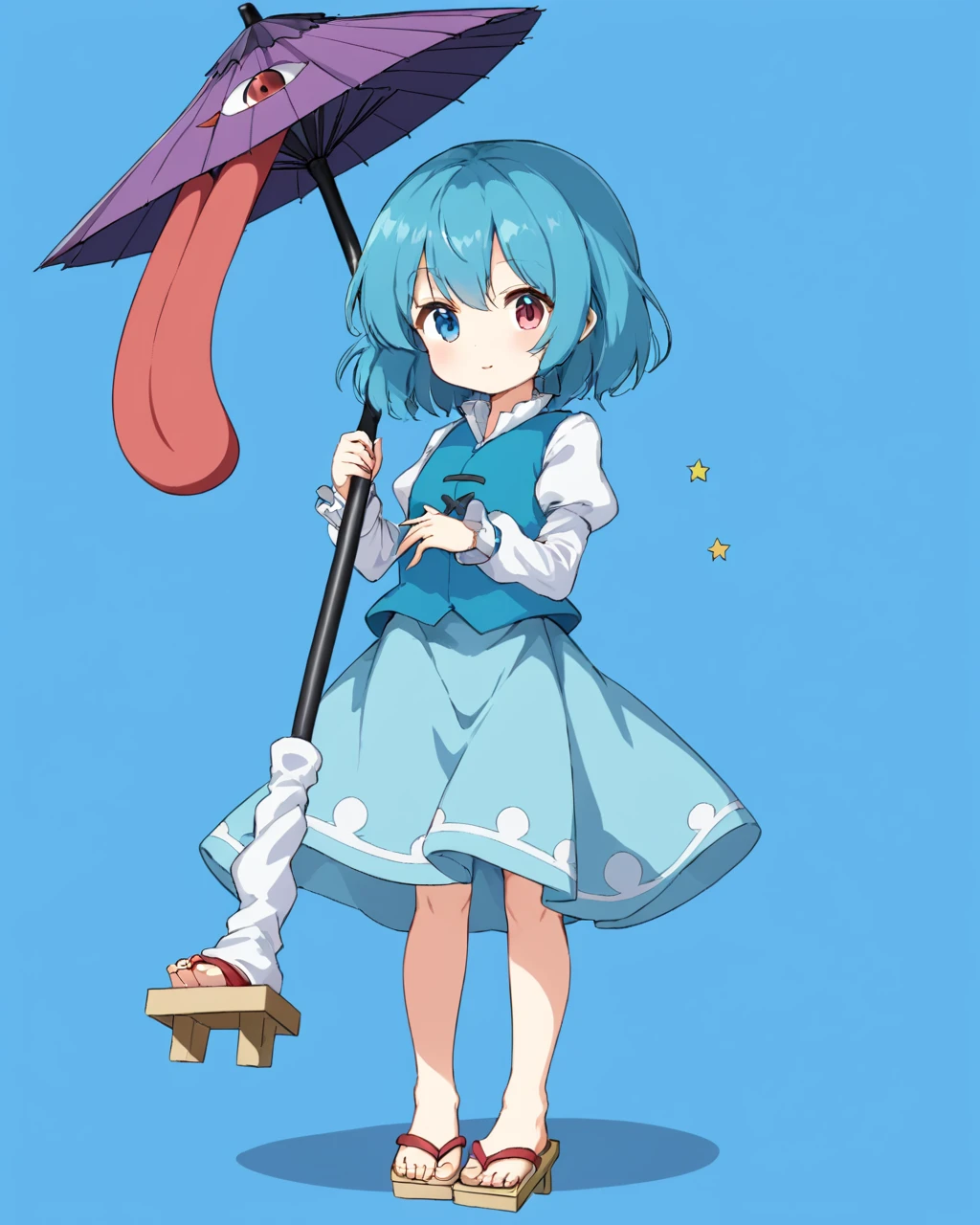 tatara kogasa,1girl, heterochromia, solo, juliet_sleeves, holding_umbrella, geta, white_shirt, karakasa_obake, full_body, looking_at_viewer, blue_vest, standing, tongue, blue_skirt, dress, purple_umbrella, toes, blue_background
<lora:tatara_kogasa_image6022_2023-12-20-000007:1>,star-shaped_pupils,symbol-shaped_pupils,. gorgeous,key visual, vibrant, studio anime,award-winning, professional, highly detailed,high budget, cinemascope