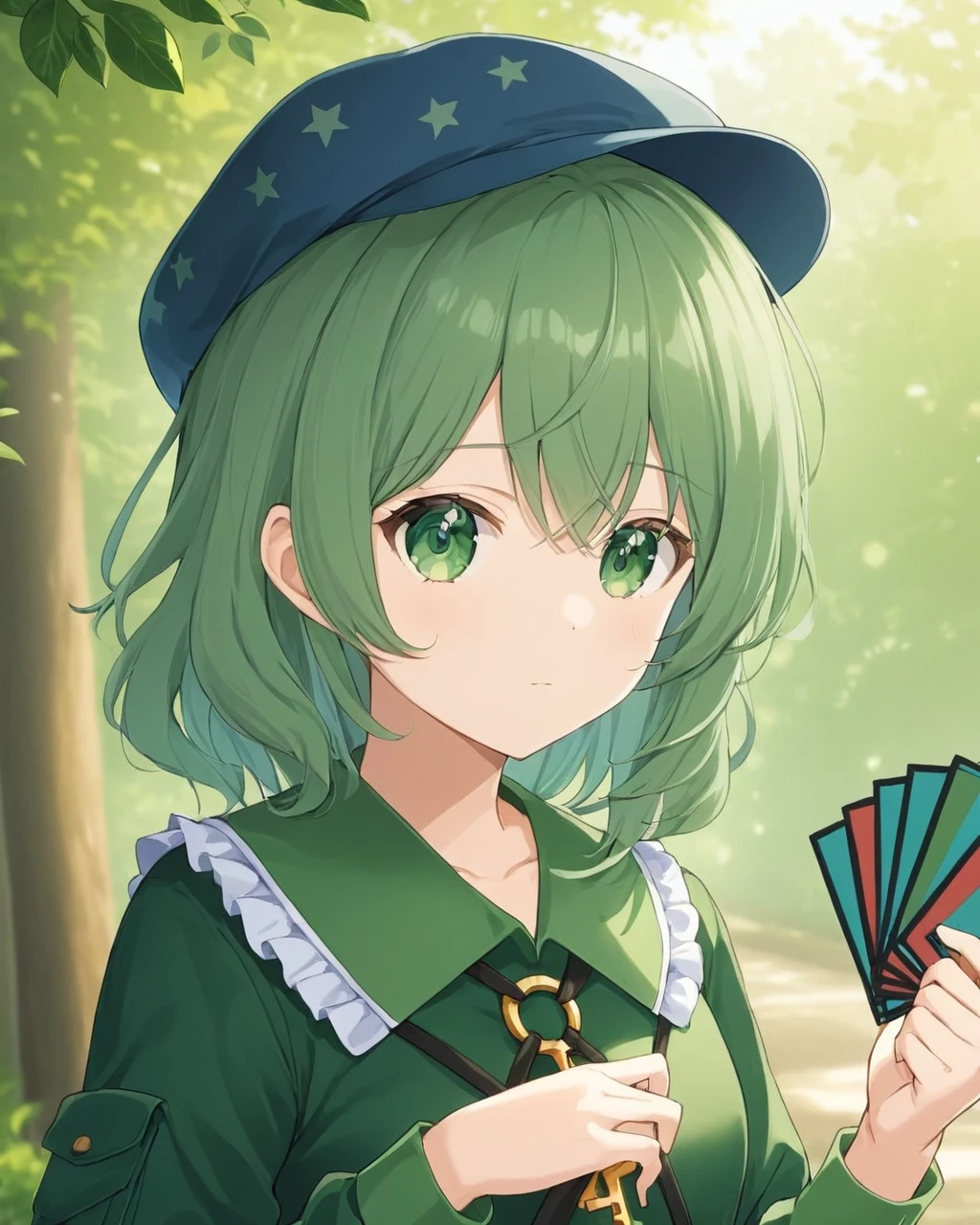 yamashiro takane,1girl, solo, holding_card, looking_at_viewer, upper_body, frilled_shirt_collar, artist_name, flat_cap, green_headwear, blurry_background, closed_mouth, green_shirt, outdoors, long_sleeves, collarbone, blue_headwear, jacket
<lora:yamashiro_takane_image489_2023-12-20-000015:1>,star-shaped_pupils,symbol-shaped_pupils,. gorgeous,key visual, vibrant, studio anime,award-winning, professional, highly detailed,high budget, cinemascope
