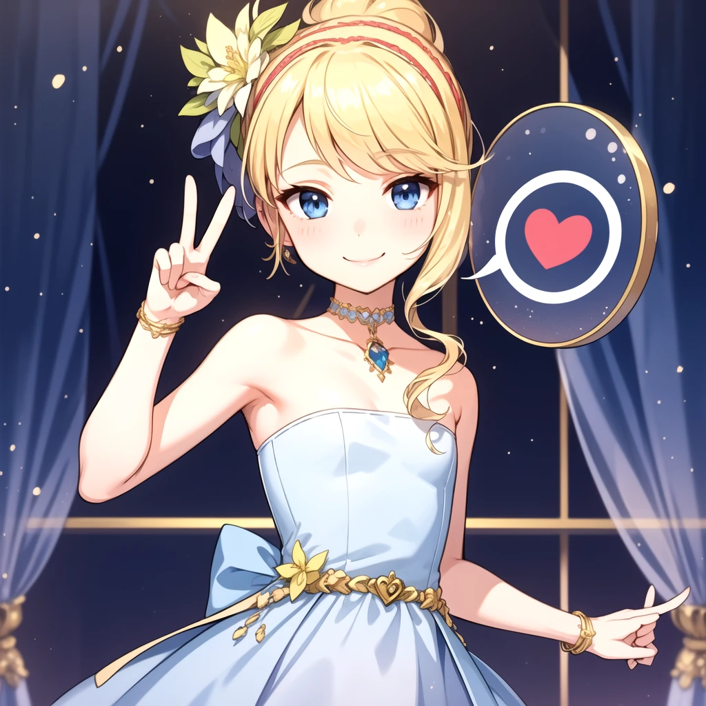 (masterpiece:1.2, best quality) SpicaNerius, blonde, blue eyes, petite, small, fragile frame, spoken heart, smile, peace sign, blue gala dress<lora:SpicaNerius-000009:0.7>