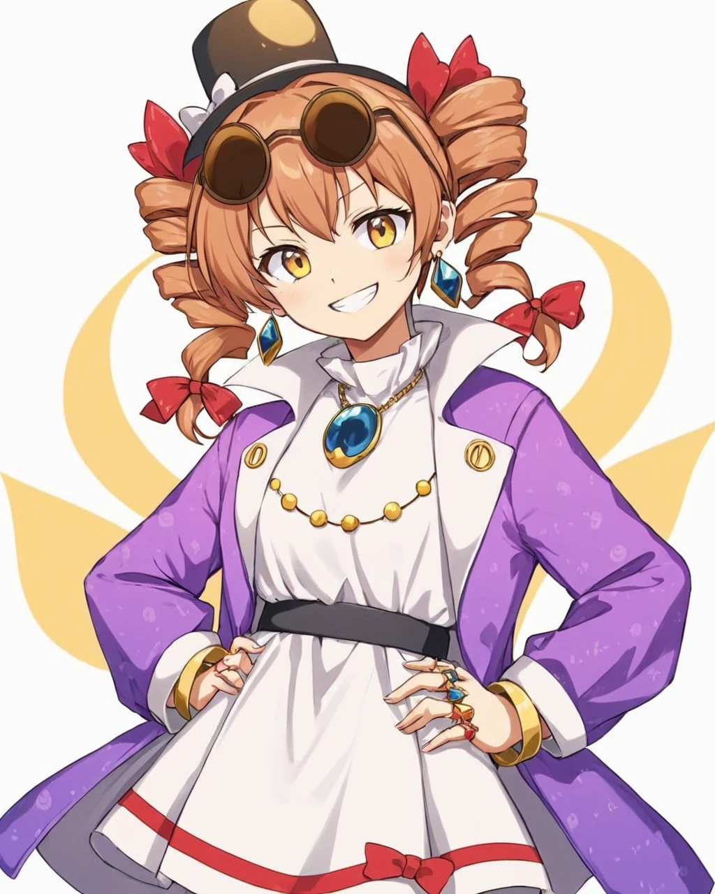 yorigami jo'on,1girl, ring, gold, white_dress, sunglasses, twin_drills, pendant, eyewear_on_head, necklace, high_collar, purple_coat, hand_on_hip, character_name, round_eyewear, grin, mini_top_hat, hat_bow, white_background, earrings, solo, bangle, ribbon, simple_background, cowboy_shot, looking_at_viewer, long_sleeves, short_dress
<lora:yorigami_jo'on_image1462_2023-12-20-000014:1>,star-shaped_pupils,symbol-shaped_pupils,. gorgeous,key visual, vibrant, studio anime,award-winning, professional, highly detailed,high budget, cinemascope