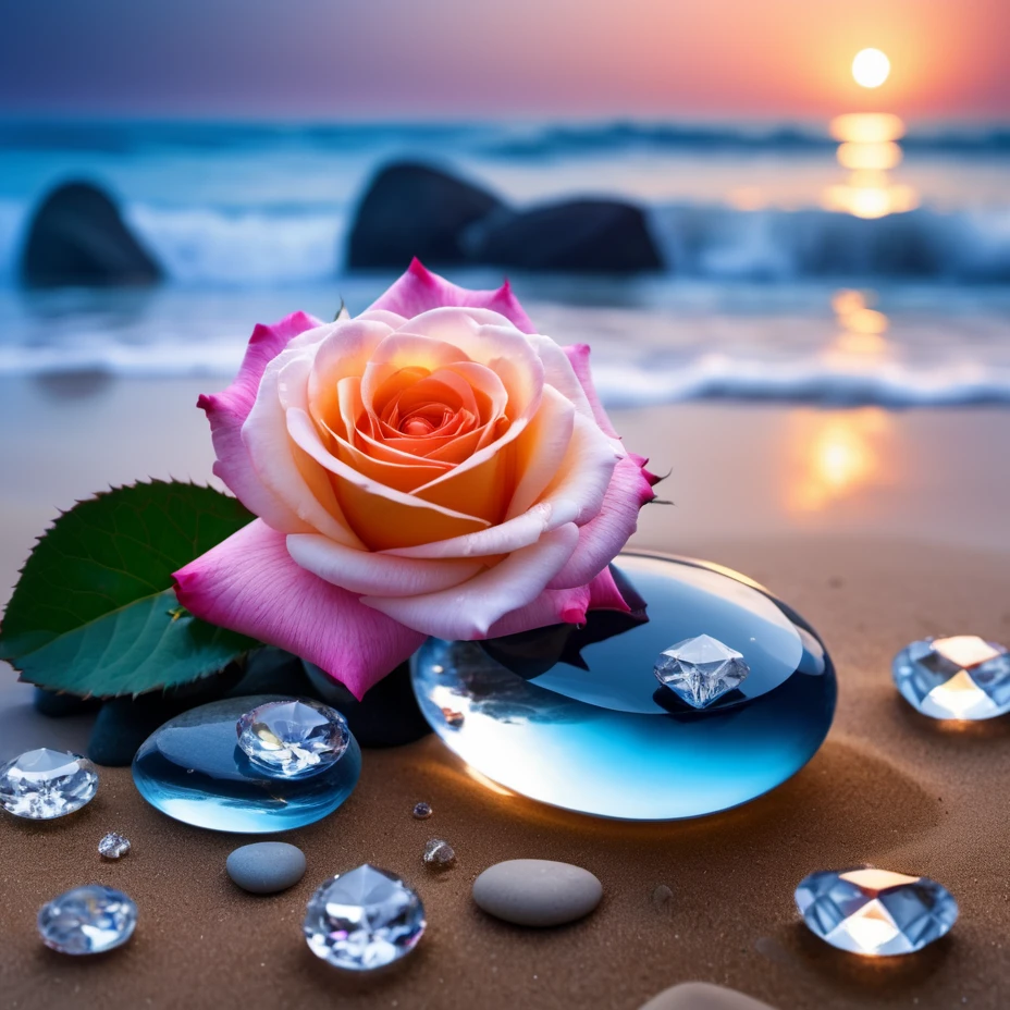 waning moon. flowers roses, stones transparent and diamond crystal in water, on the beach, fantasy, smoke , photo, HD, 8K ,