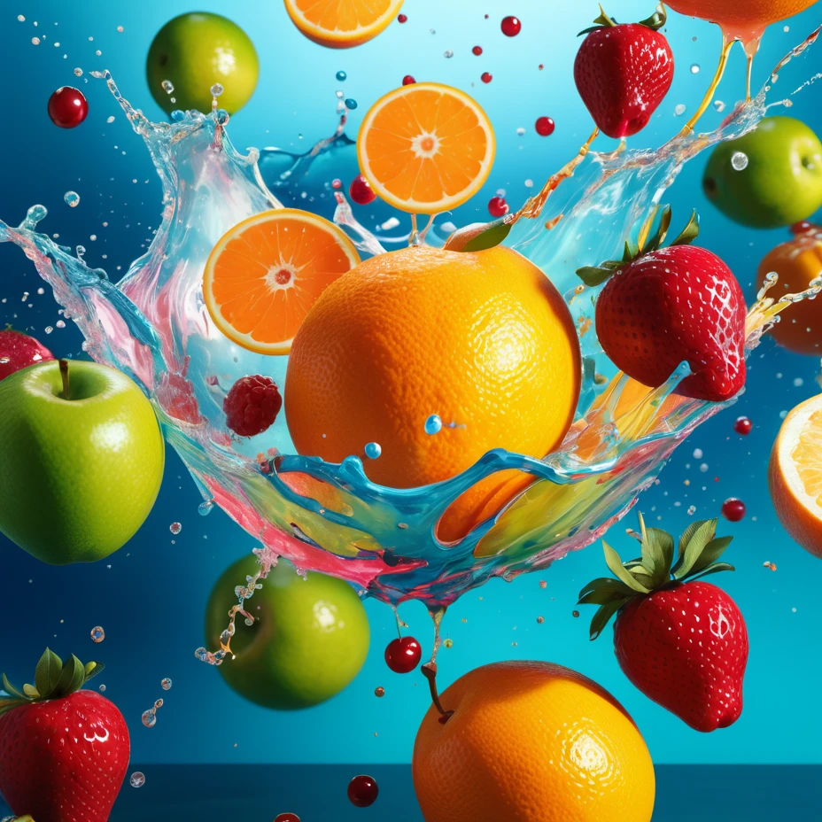 abstract, explosión, photorealistic, Food fruit LIQUID SPLASH, 3D BEEPLE STYLE, 8 k, 32 k, HDR, realistic, (flat color:1.1),(colorful:1.3),(masterpiece:1.2), best quality, masterpiece, original, extremely detailed wallpaper, looking at viewer,Abstract, 8K, photo shot from front, mid-body portrait, highly-detailed, photo, (realistic:1.3), 8k,