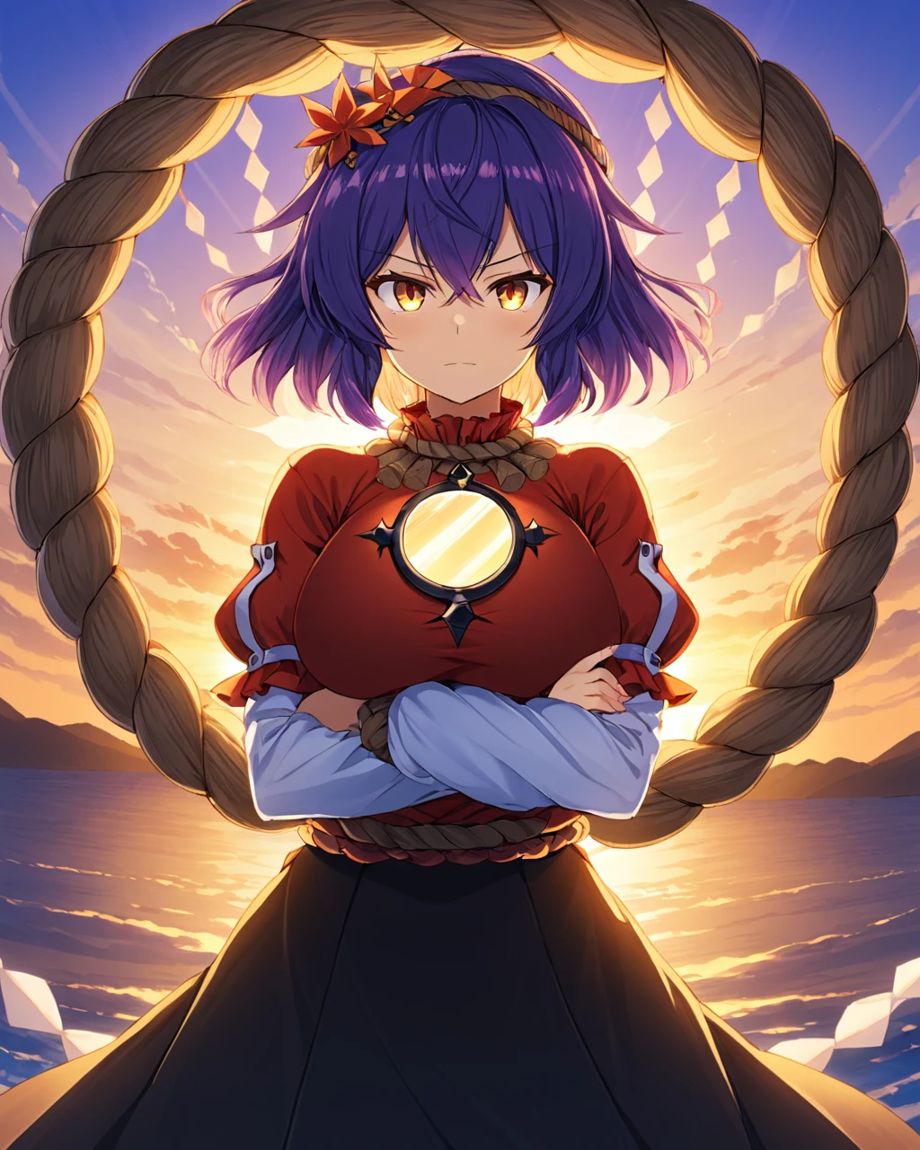 yasaka kanako,1girl, solo, crossed_arms, mirror, shimenawa, backlighting, looking_at_viewer, large_breasts, hair_ornament, sunset, frown, long_sleeves, skirt, sky
<lora:yasaka_kanako_image2545_2023-12-20-000010:1>,star-shaped_pupils,symbol-shaped_pupils,. gorgeous,key visual, vibrant, studio anime,award-winning, professional, highly detailed,high budget, cinemascope