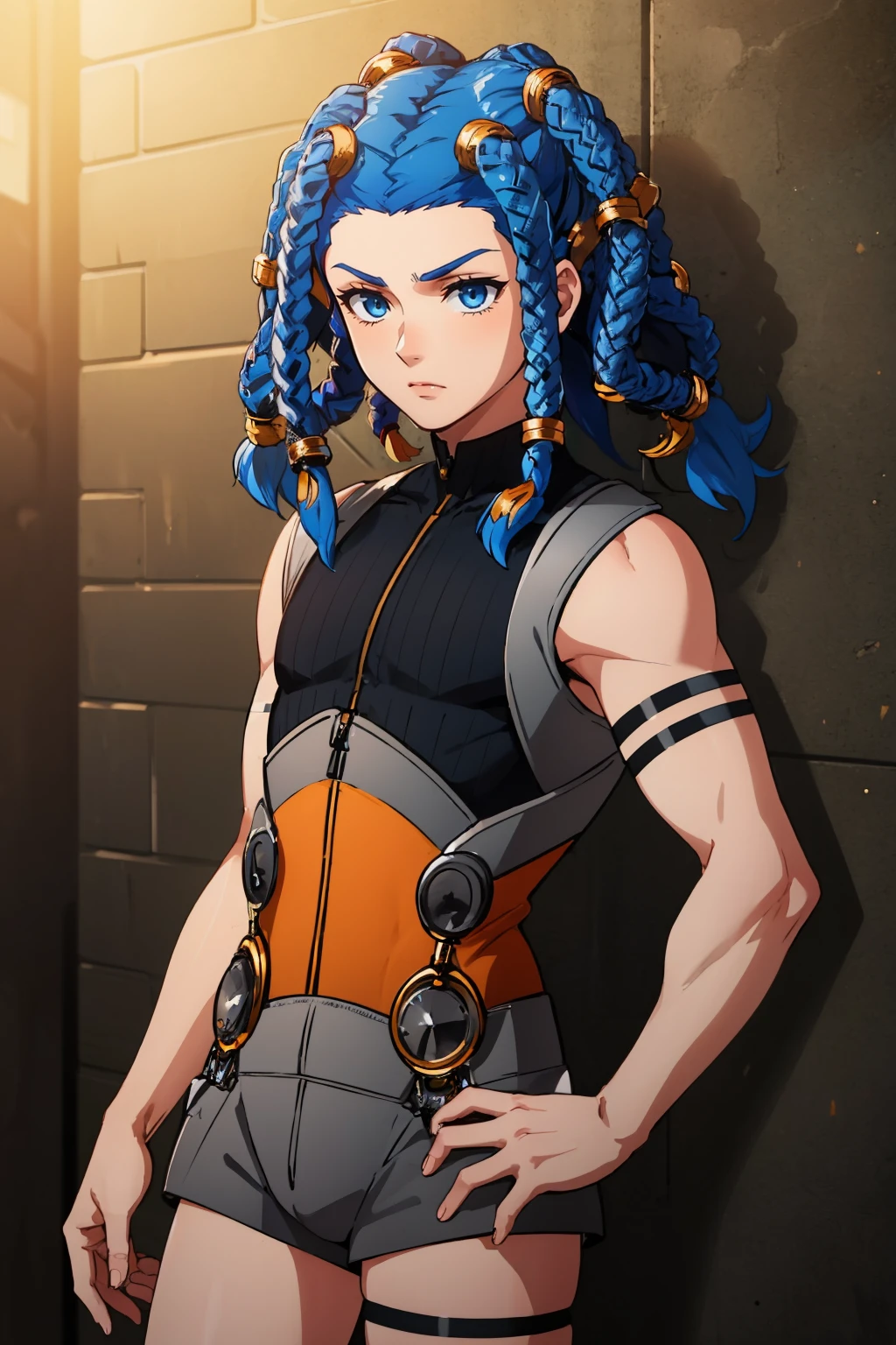 masterpiece, best quality, cowboy shot
<lora:zs_Cielo:1> cielodds, bodysuit, armor, overalls, black shorts, dreadlocks, blue hair, 1boy