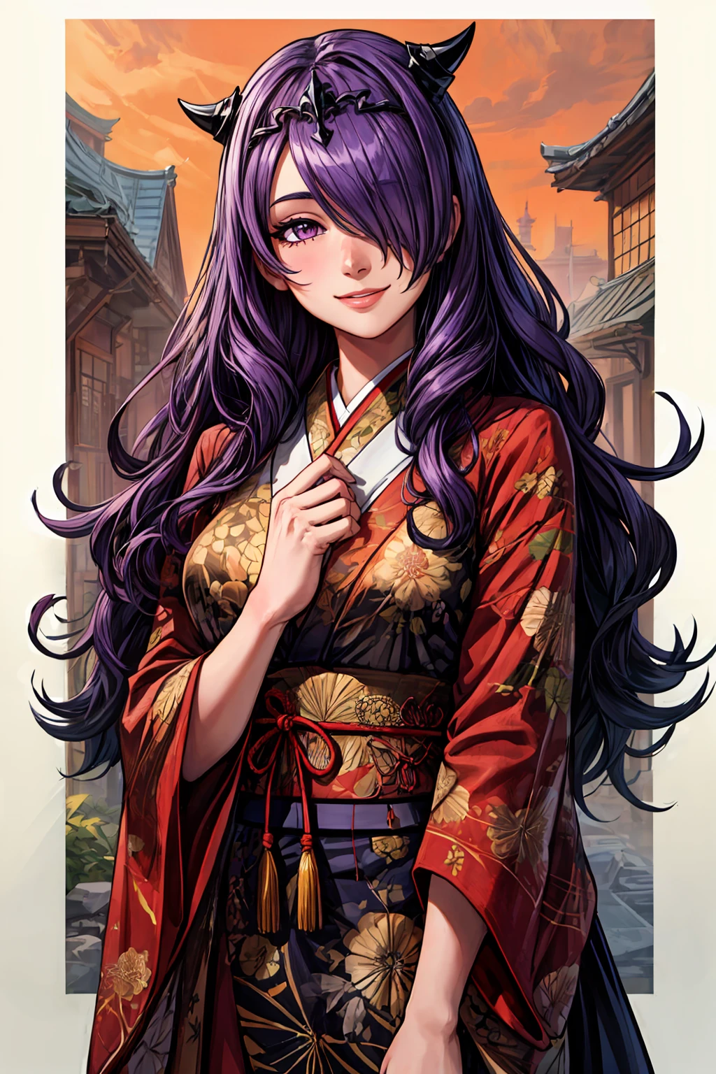 (masterpiece, best quality, hires, high quality, by professional artist, ultra detailed, extremely detailed, absurdres, incredibly resolution:1.2),
BREAK
1girl, EPfeCamilla, upper body, smile, hair_over_one_eye, black tiara, (purple_hair:1.2),
BREAK
oriental costume, town, japanese architecture , <lora:EPfeCamilla:0.7>